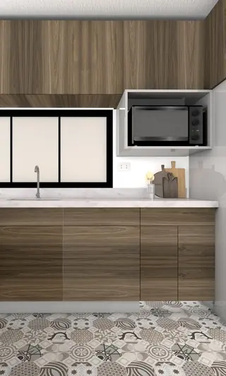 Proyecto M.R. — cocina con muebles de melamina textura madera, encimera de granito y suelo de porcelanato con dibujo