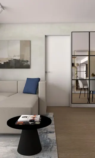 Proyecto S.M. — sala de estar con sofá beige, mesa negra y partición de vidrio y metal