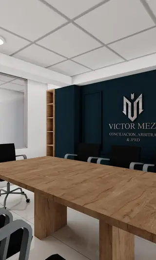 Proyecto V.M. — sala de reuniones Victor Meza Conciliacion con pared navy y mesa de roble