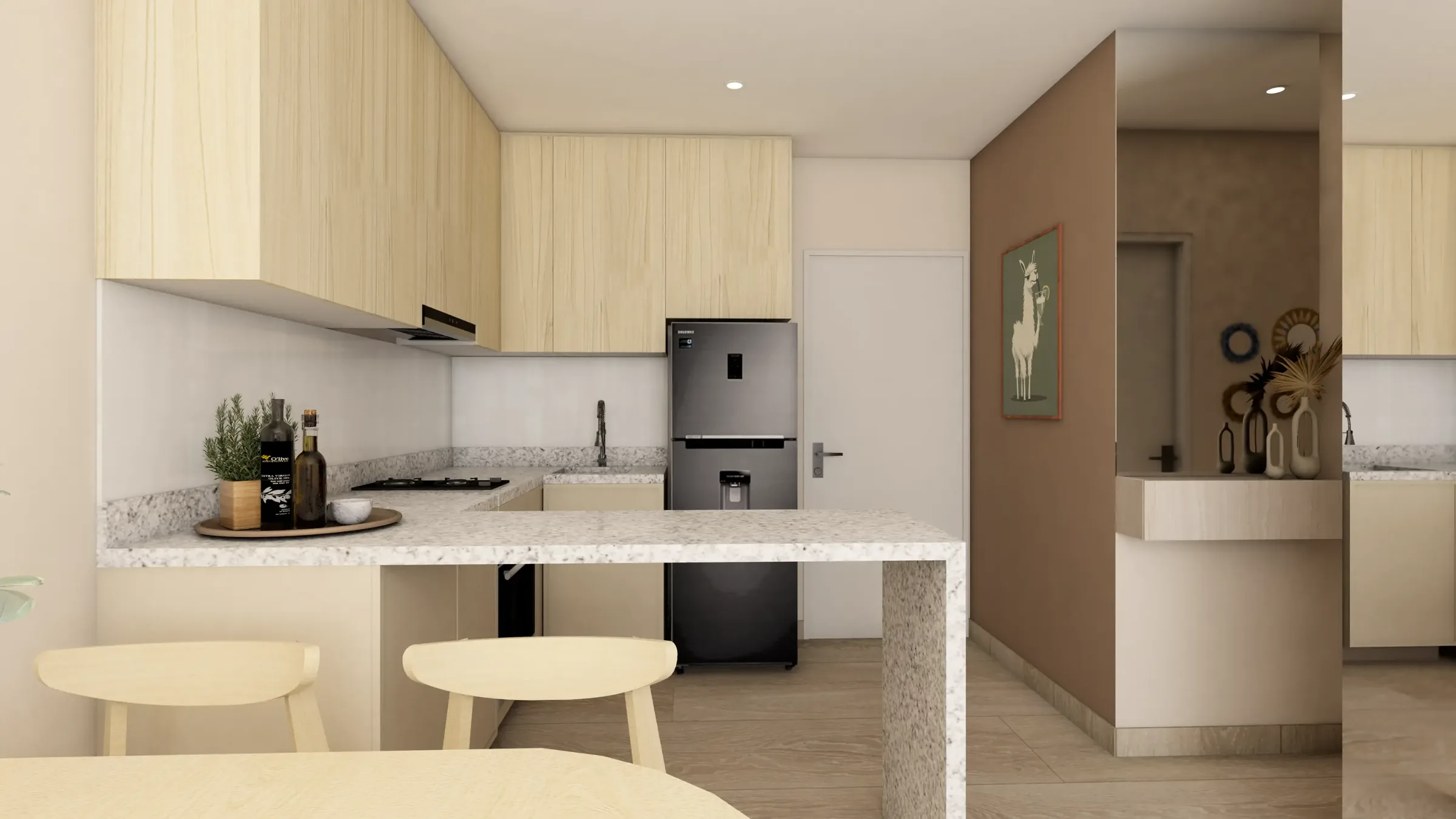 Ángulo sala con paleta neutra — Airbnb Qoyllur