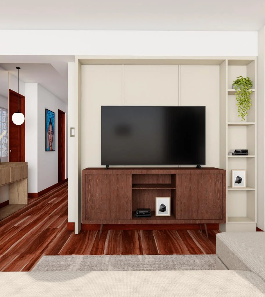 Pared de TV con mueble de madera oscura y estantería lateral