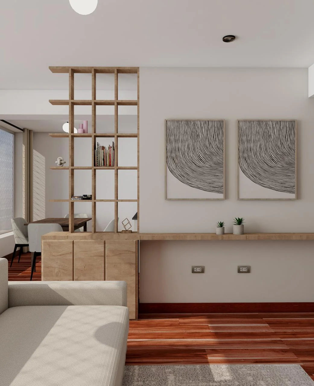 Proyecto C.A. — sala y recibidor con separador de estantería en madera natural