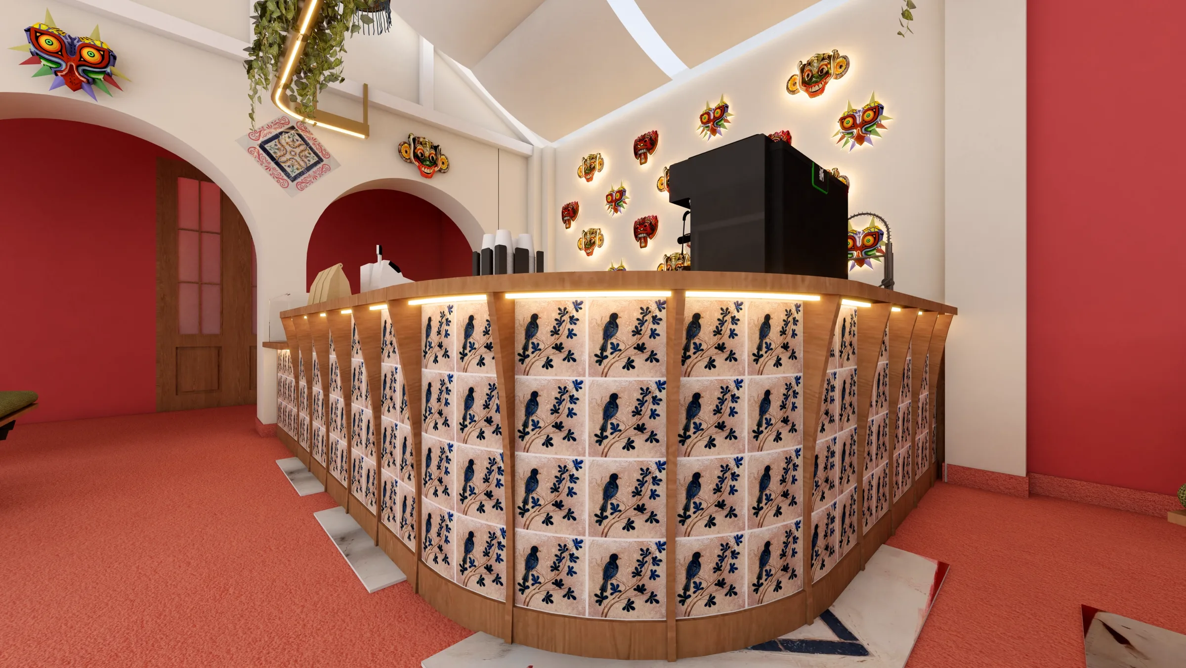 Detalle de barra y luminarias rediseñadas — Café Tater Vera
