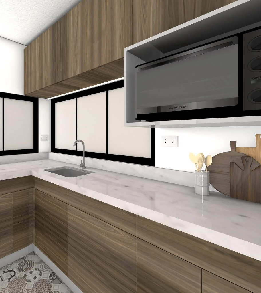 Zona de fregadero (render) — muebles altos, microondas integrado y ventana con marco negro