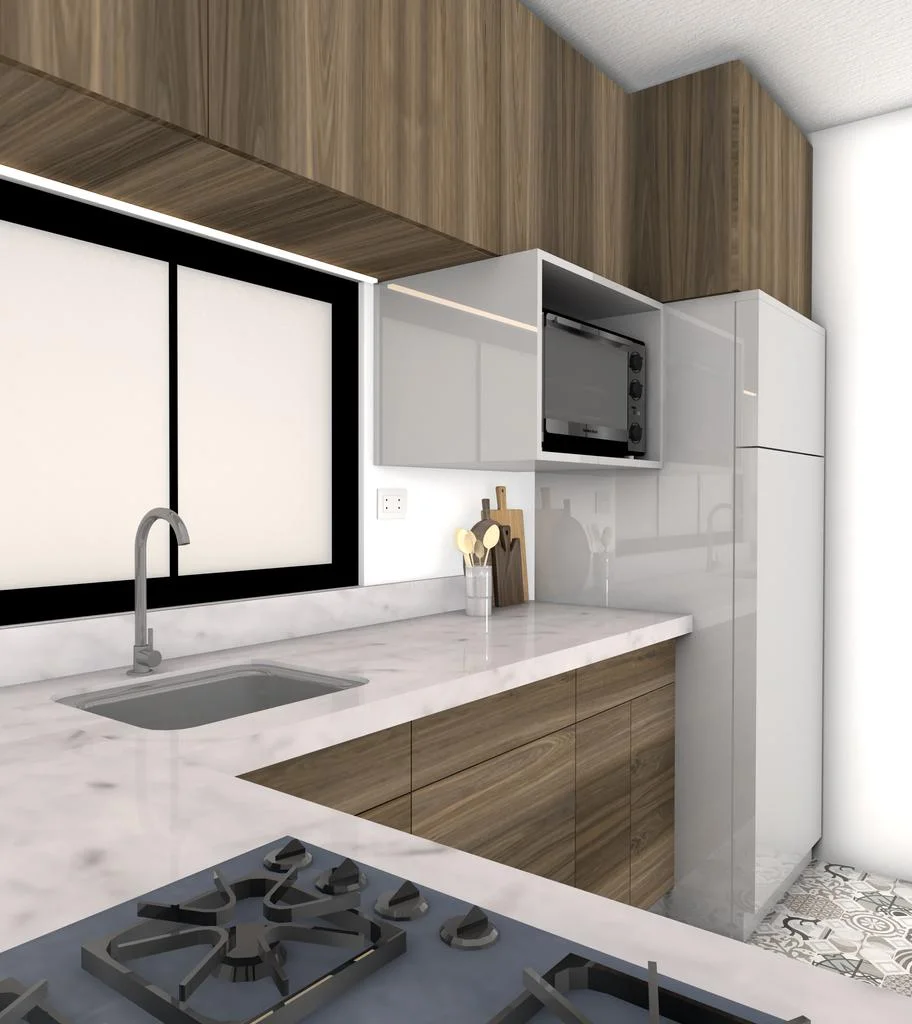 Cocina de gas (render) — encimera blanca, hornillas y muebles altos con ventana