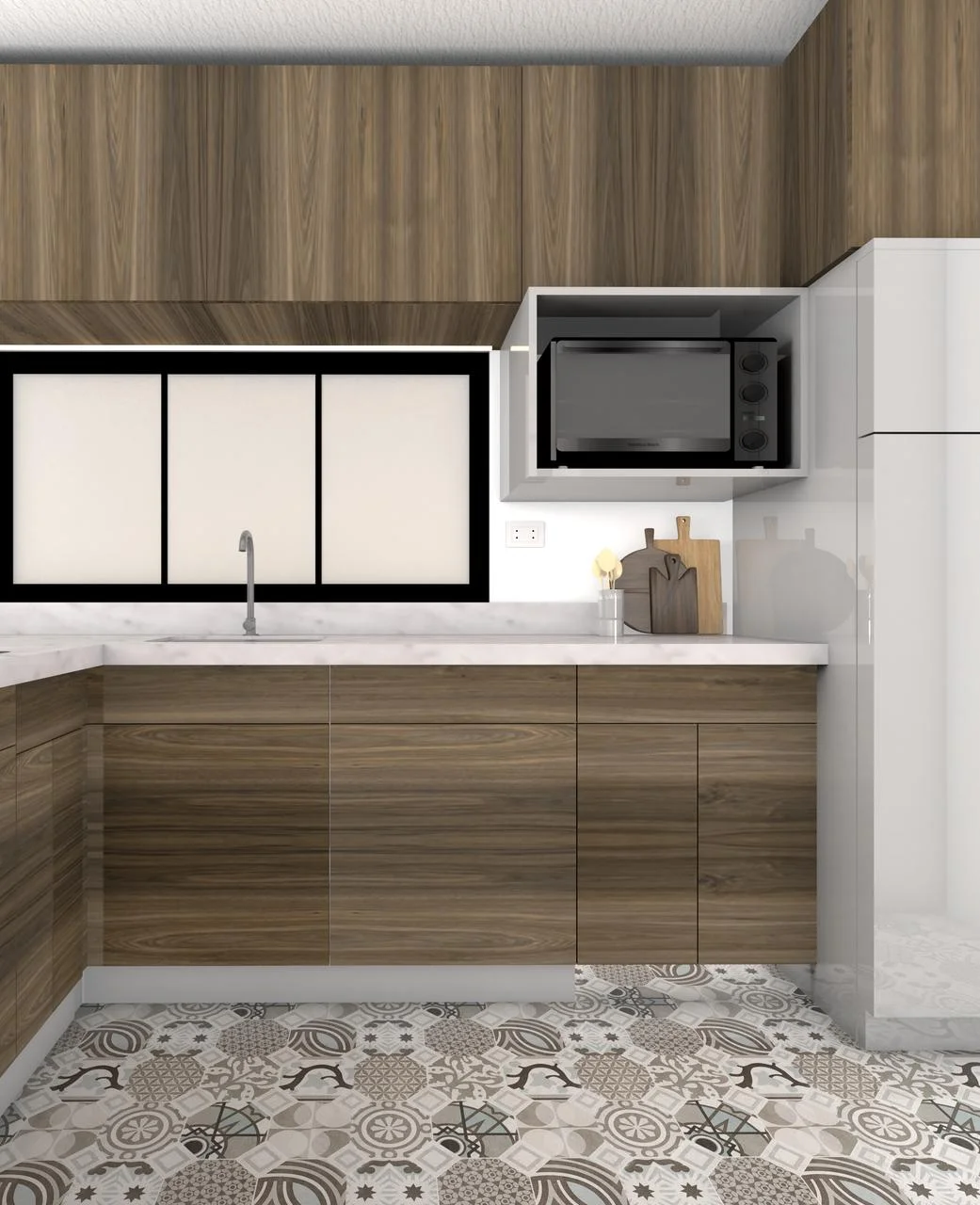 Proyecto M.R. — cocina con muebles de melamina textura madera, encimera de granito y suelo de porcelanato con dibujo