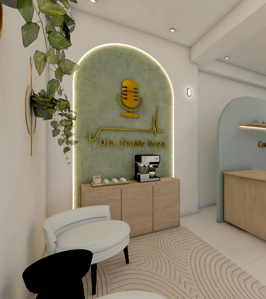 Recepción (render) — vista amplia con zona de espera y segundo arco celeste