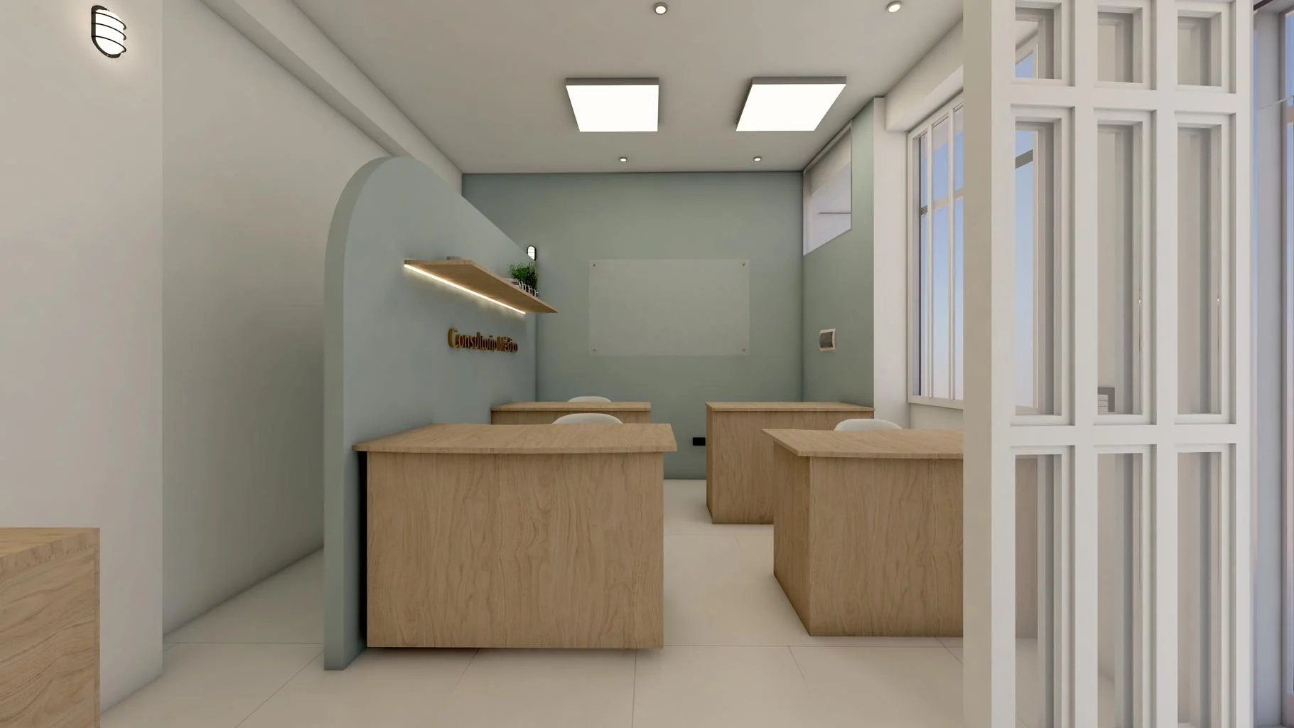 Consultorio Médico (render) — mesas de madera, pared verde y ventana de celosía blanca