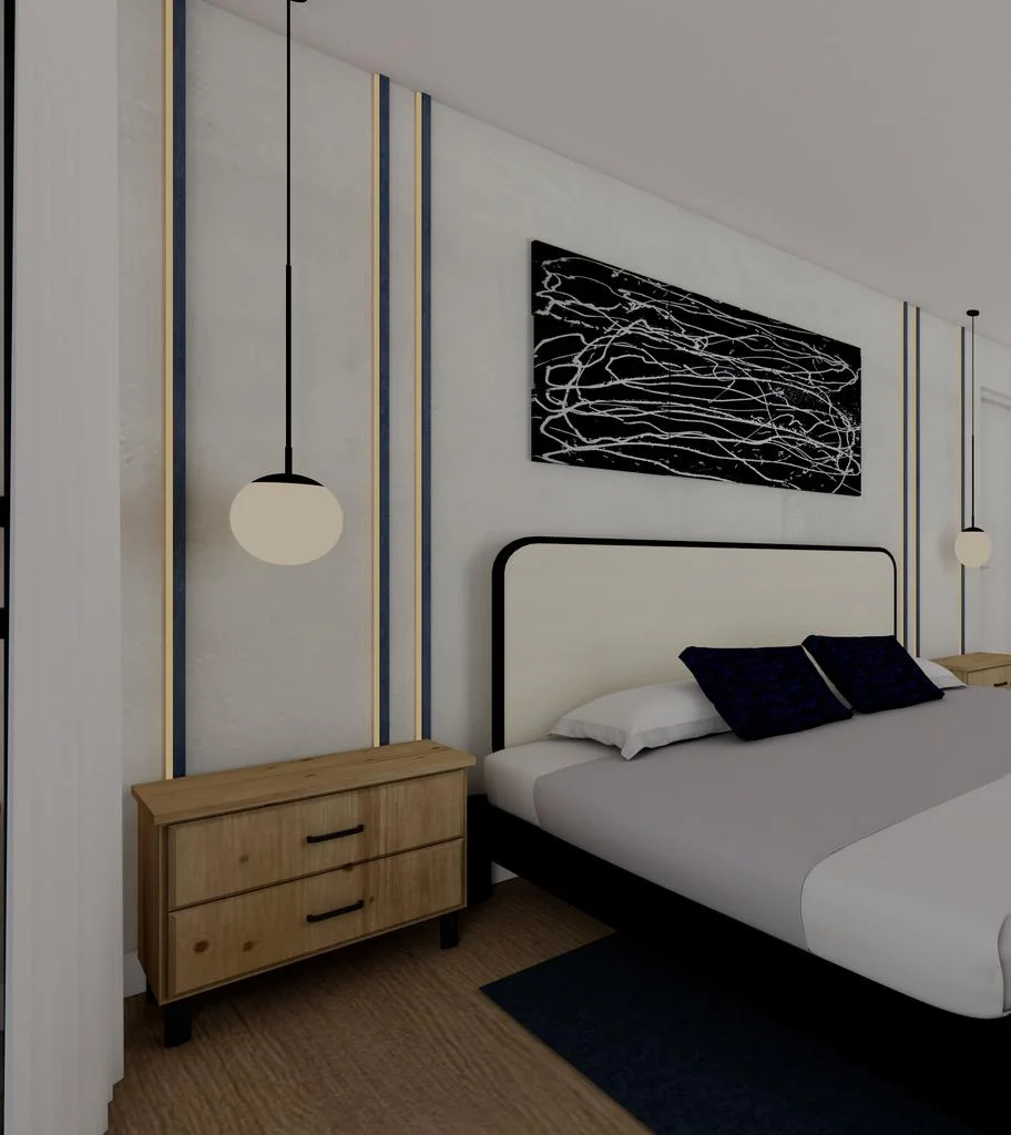 Dormitorio — cama con cabecera tapizada, pared con pletinas y lámparas colgantes