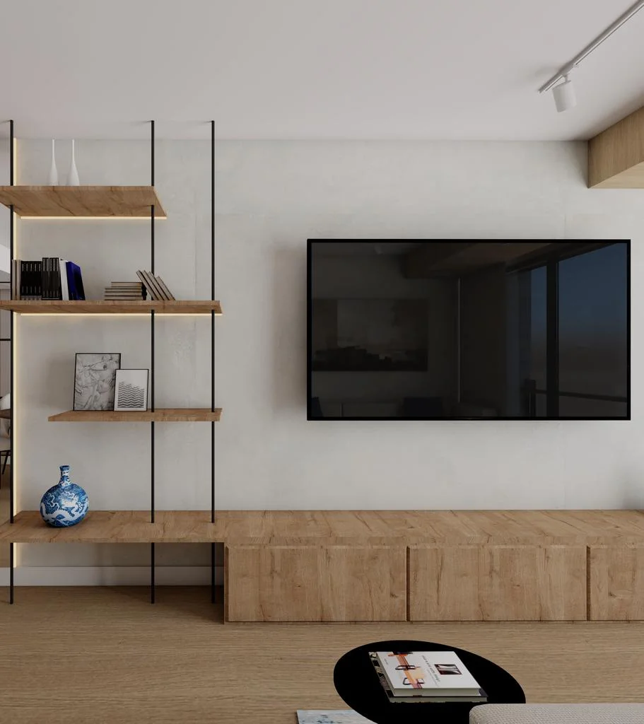 Pared de TV — mueble modular con estantería de metal negro y madera iluminada