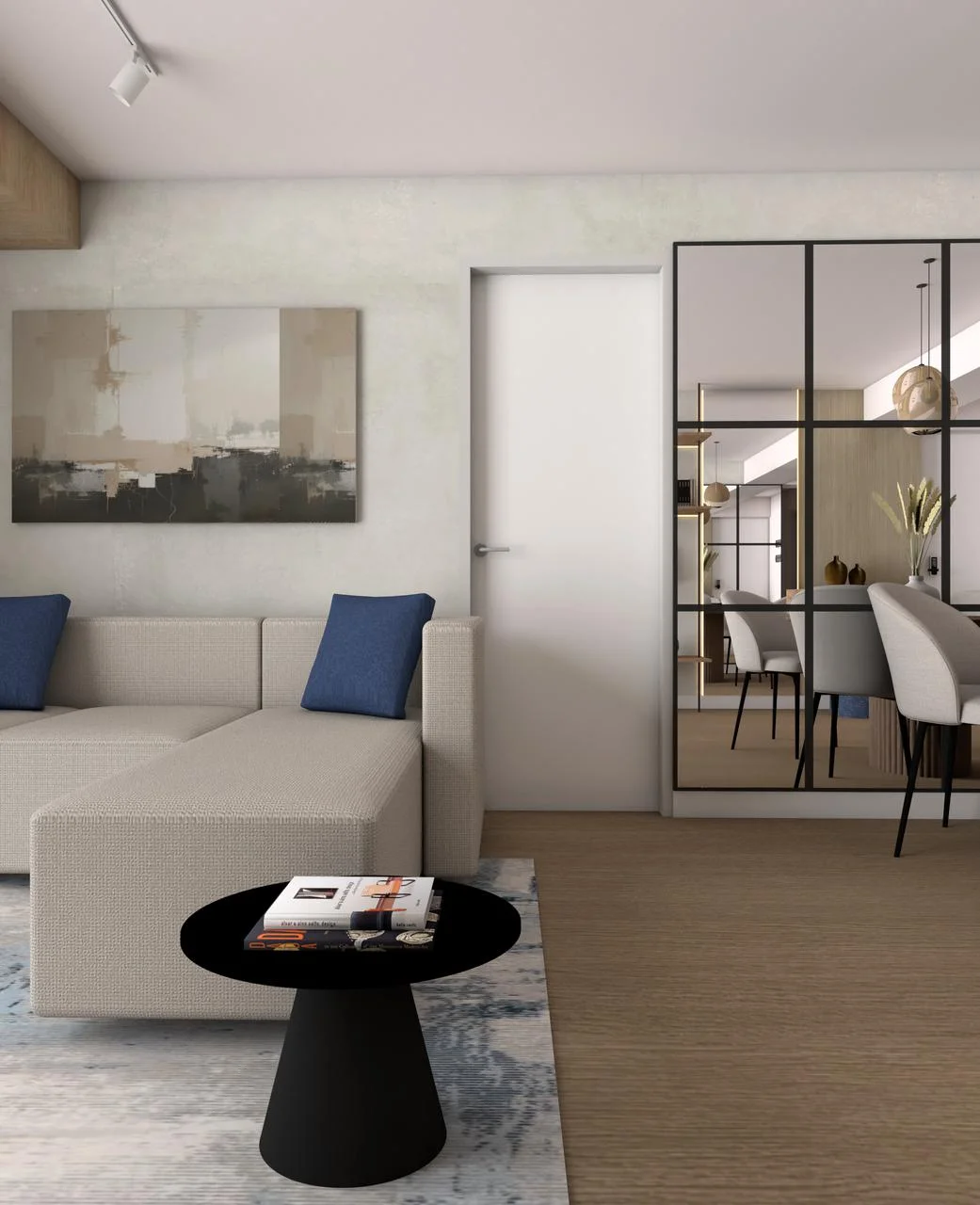 Proyecto S.M. — sala de estar con sofá beige, mesa negra y partición de vidrio y metal