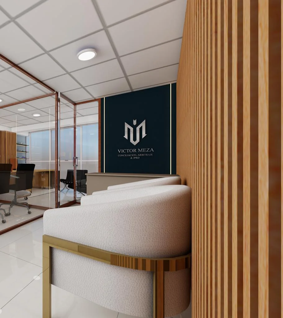 Recepción — sillón beige dorado, separador de madera acanalada y logo de firma