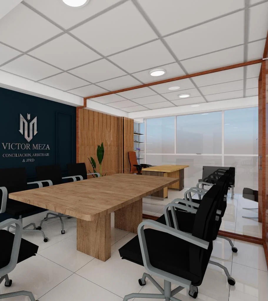 Vista amplia — sala de reuniones con partición de vidrio y espacio de trabajo