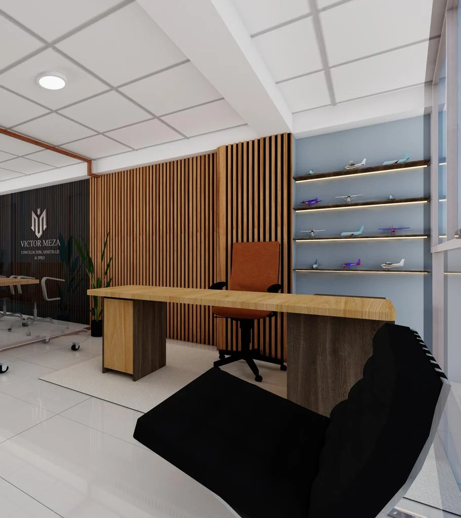 Despacho privado — escritorio de madera, pared acanalada y estantería con colección