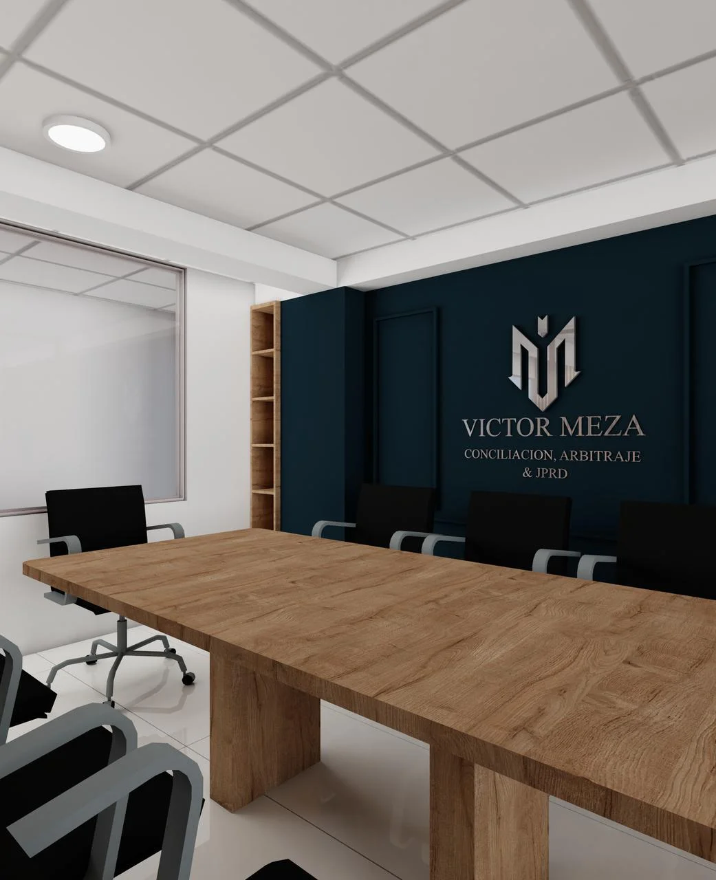 Proyecto V.M. — sala de reuniones Victor Meza Conciliacion con pared navy y mesa de roble
