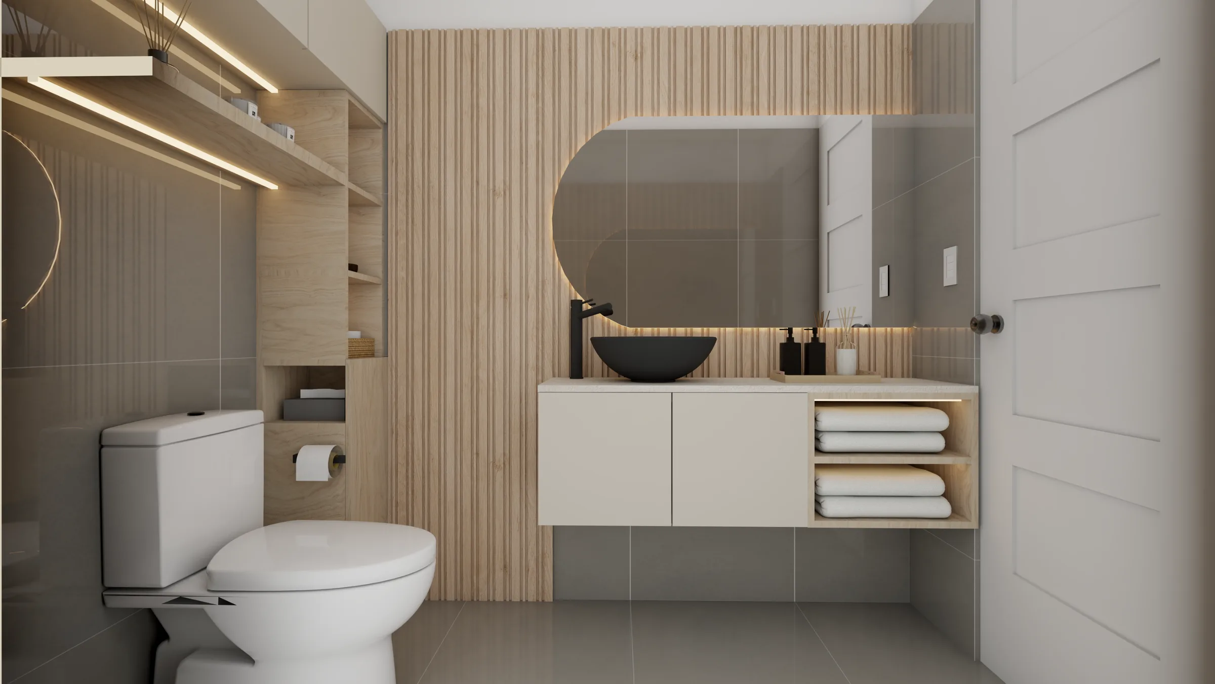 Detalle de iluminación cálida — Baño V.R.