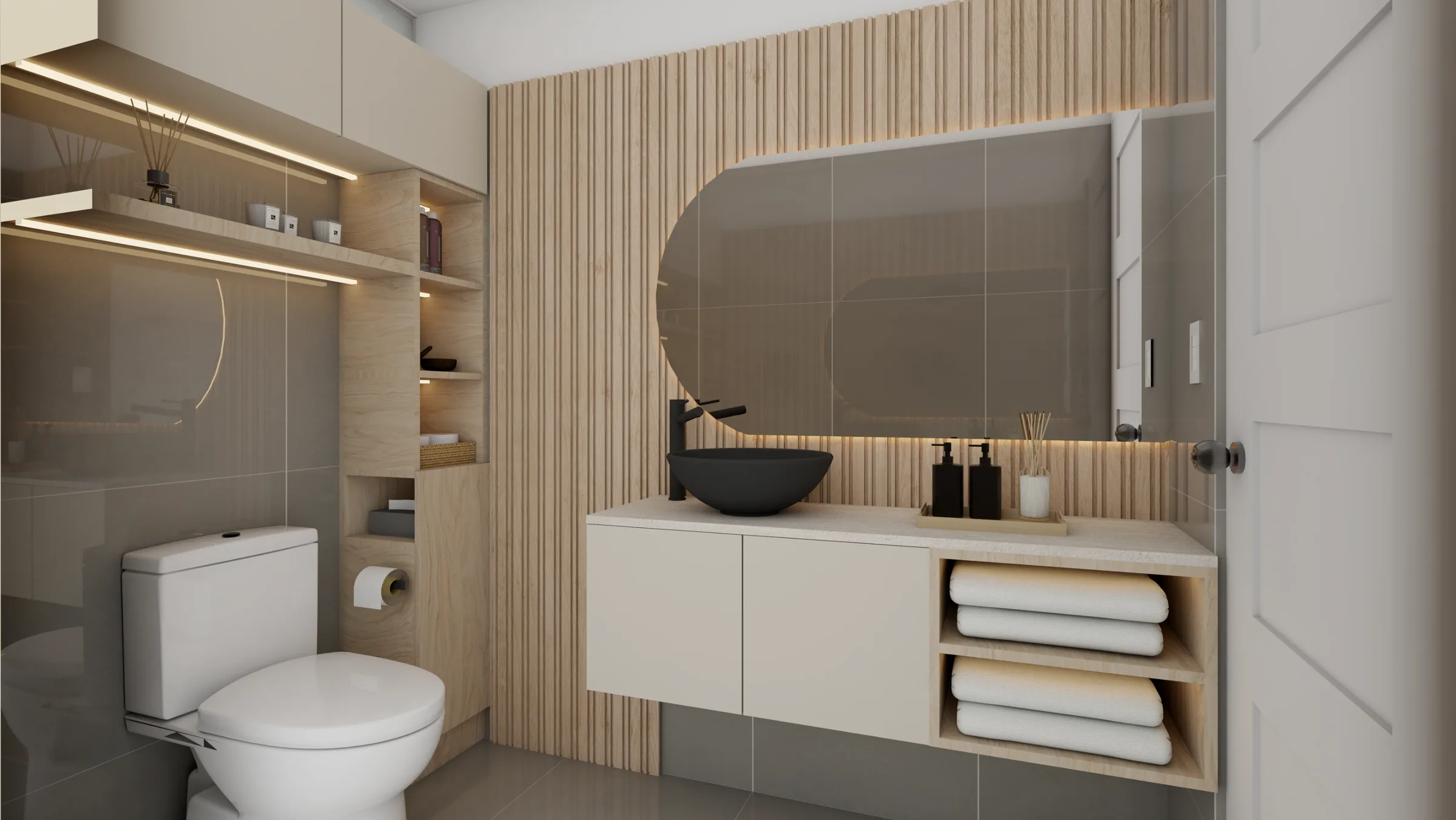 Vista lateral con paleta neutra — Baño V.R.